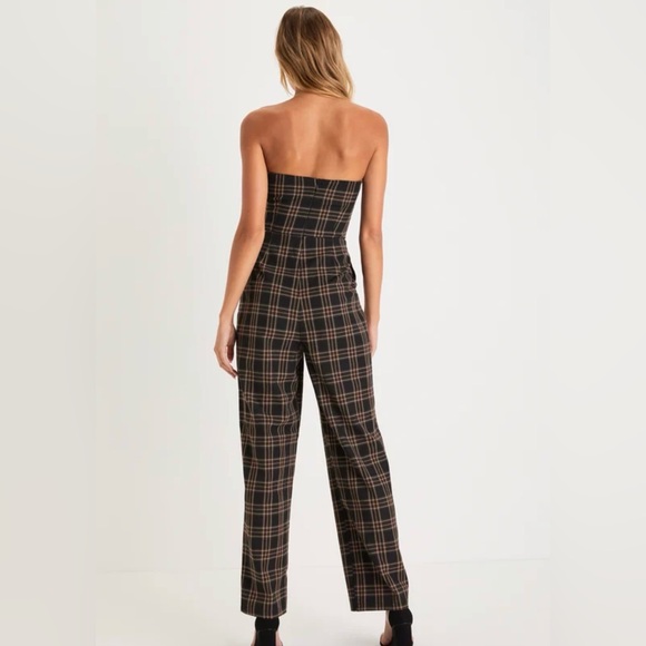 Lulus Sophisticated Mood Black Plaid Strapless Straight Leg Jumpsuit - Size M - Picture 2 of 5